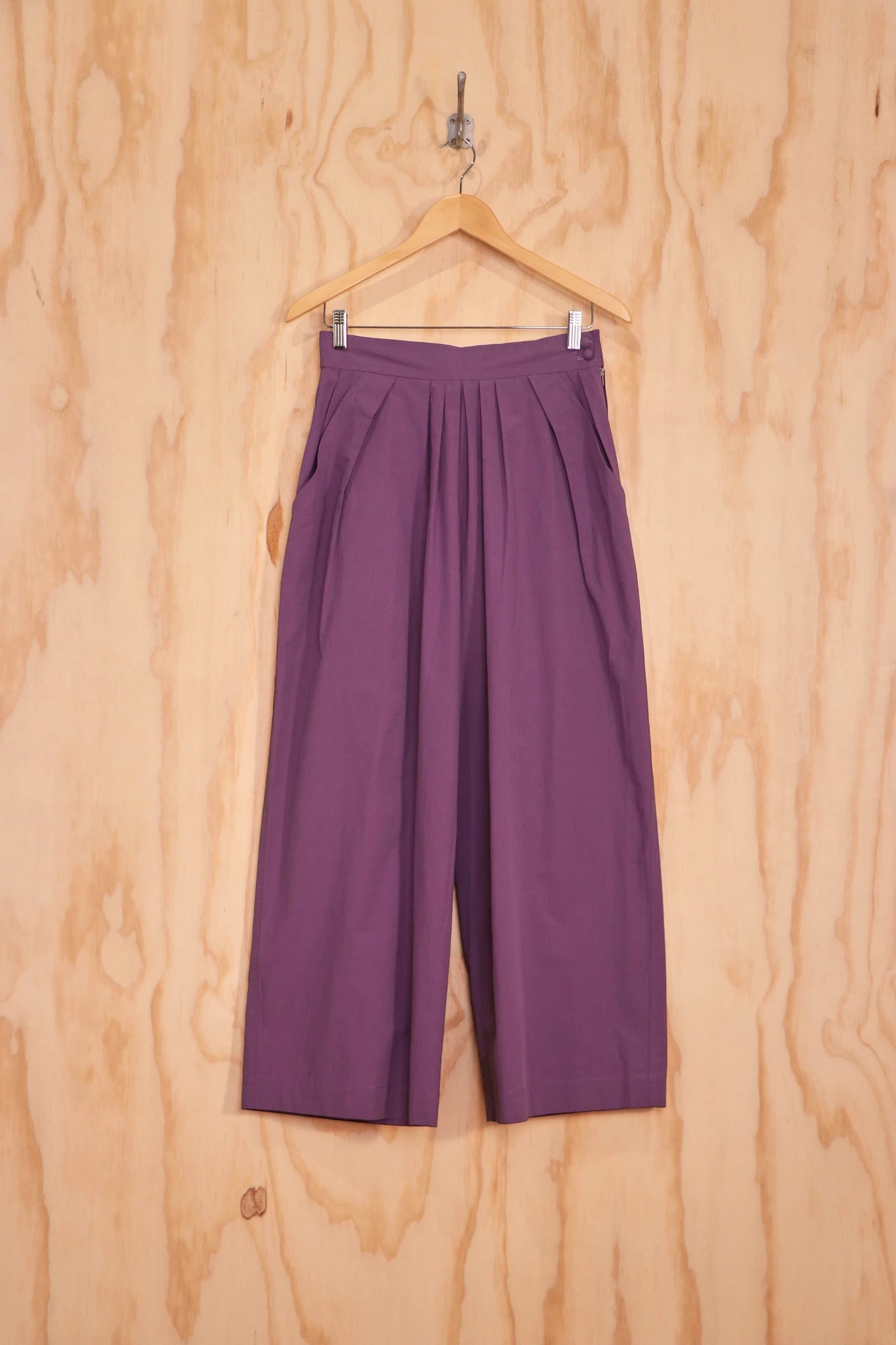 Front view of Brielle Pants in purple organic cotton with drawcord waist