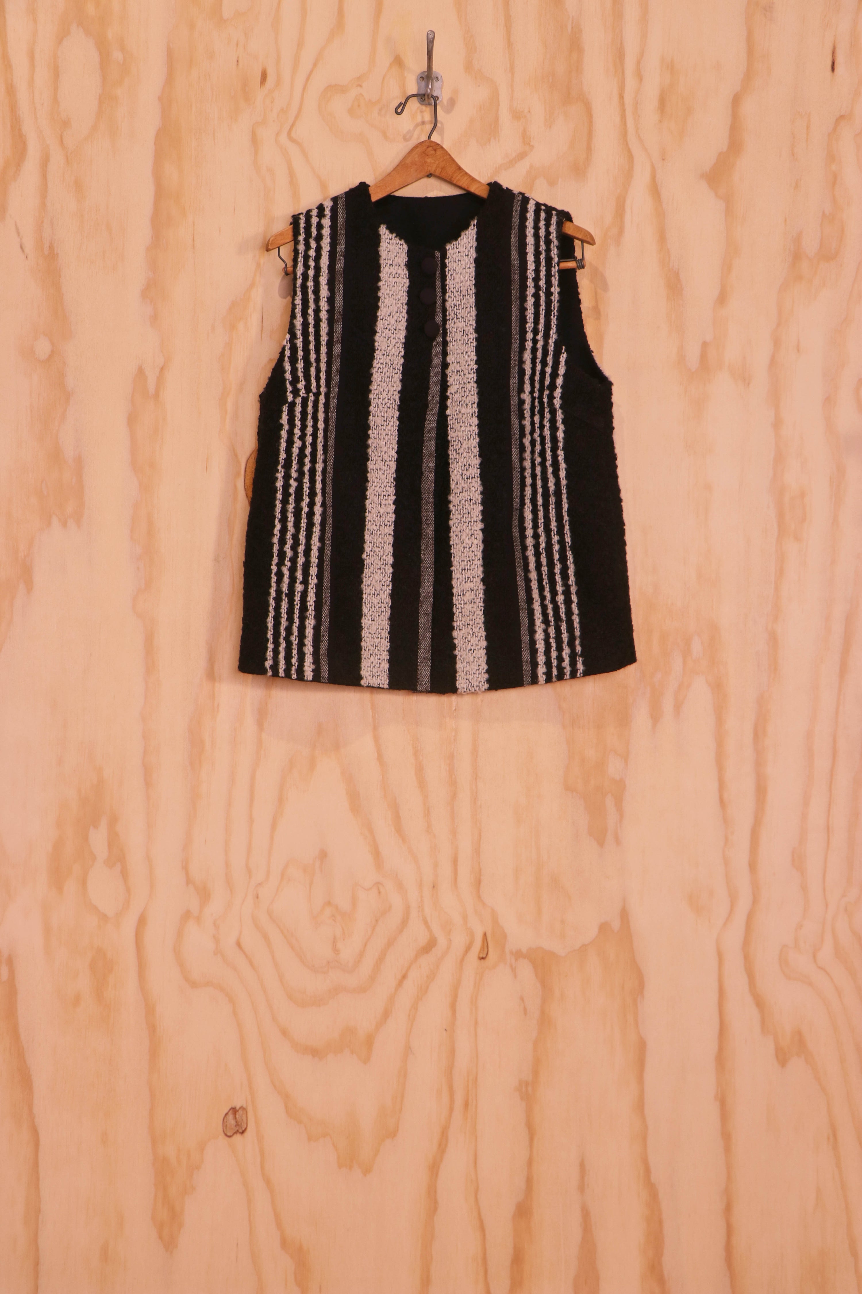 Mira Vest in black–ivory striped mohair–wool, three-button front