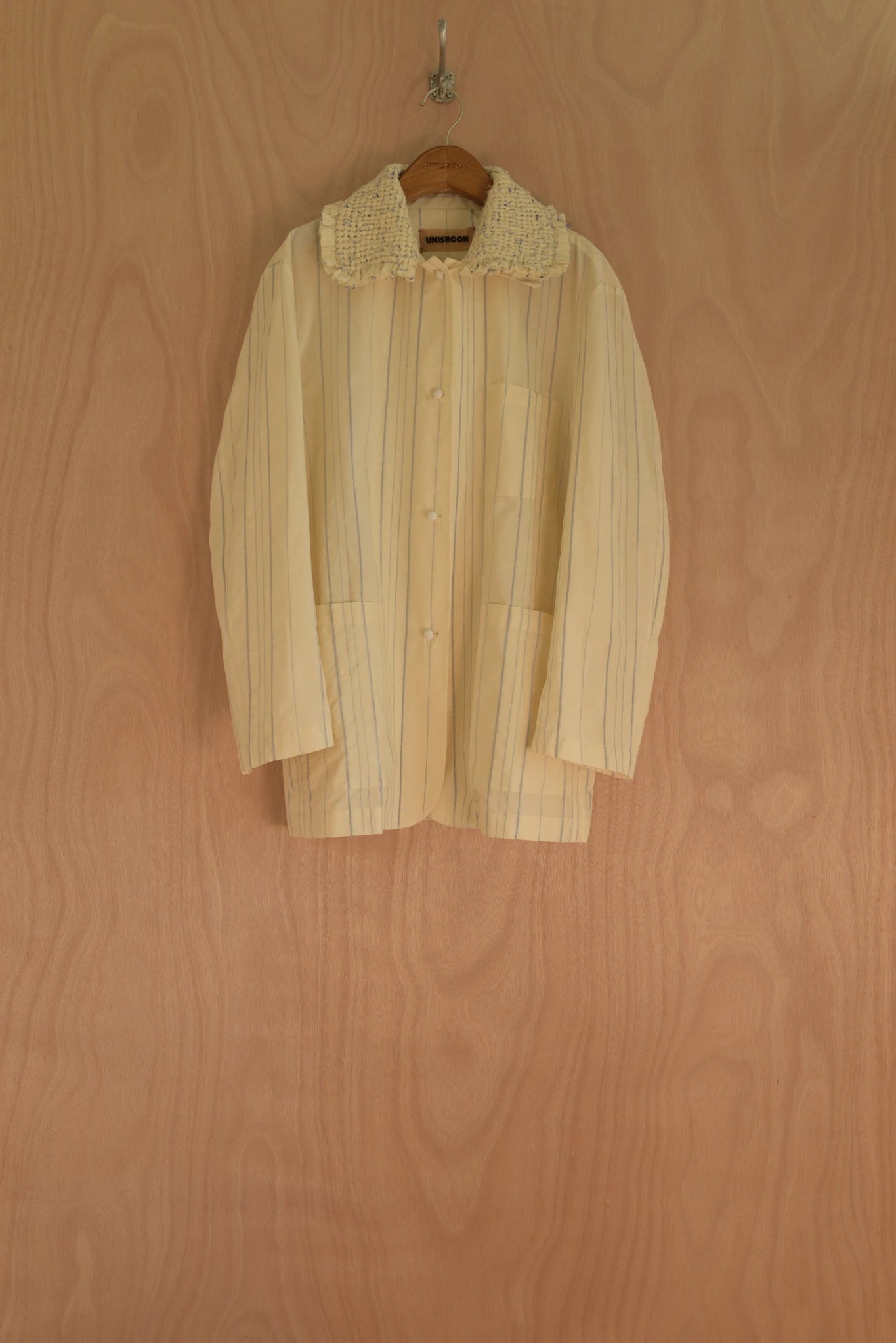 Front view of Kayo Top in cream striped cotton with hand-woven collar