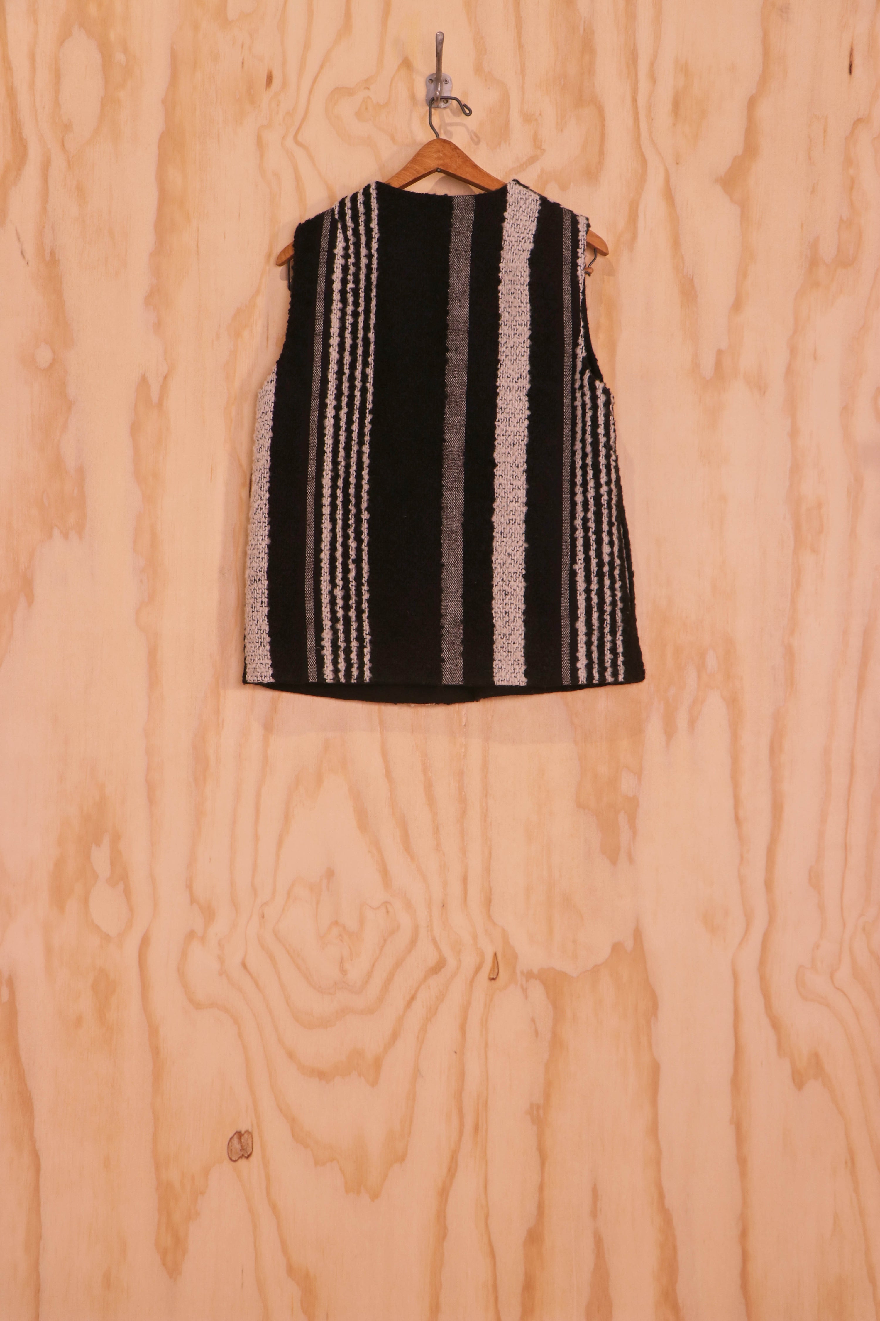 Back view of Mira Vest in black–ivory striped mohair–wool