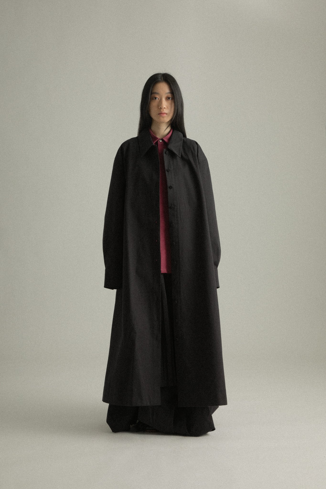 Full front view of Romy Coat in Japanese organic cotton, showcasing the button-front closure and relaxed fit.