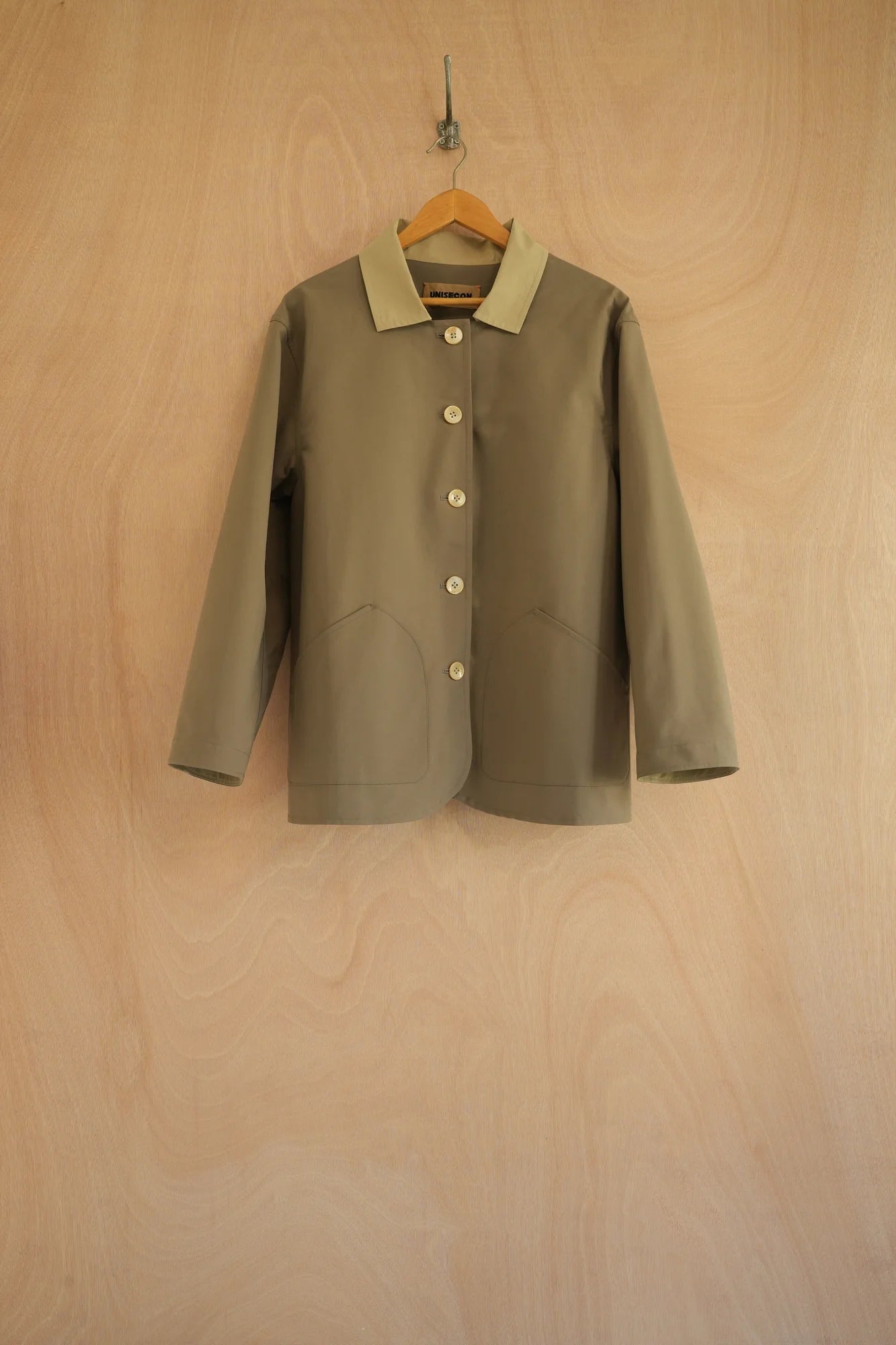 UNISECON Edna jacket in olive/taupe, front view
