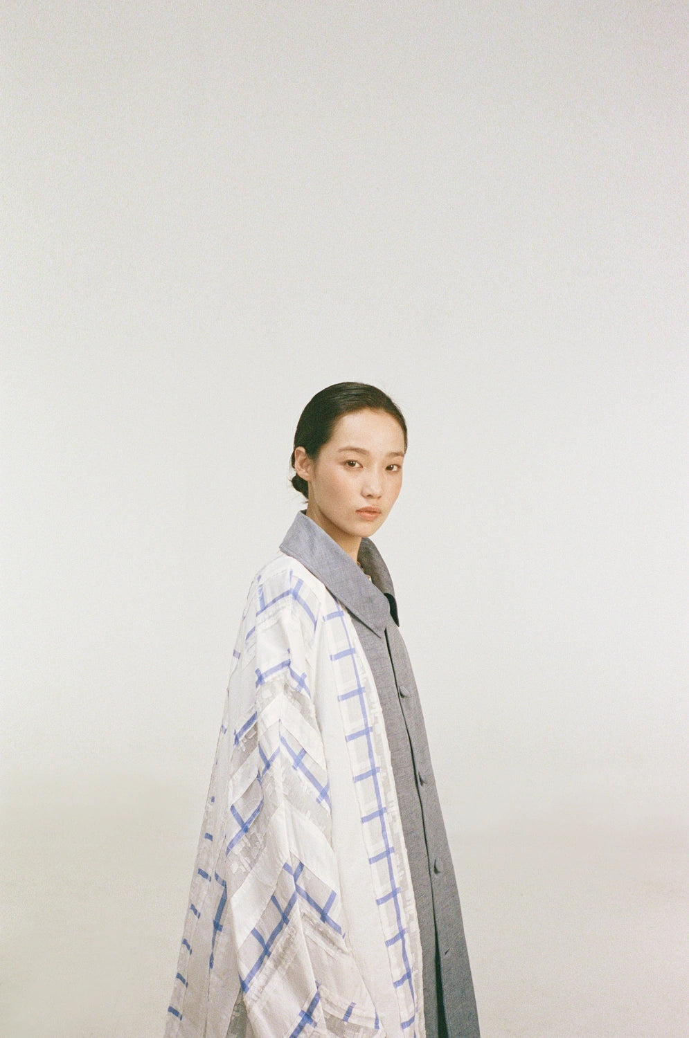 unisecon-irma-coat-white-blue-plaid-front-half-body-view