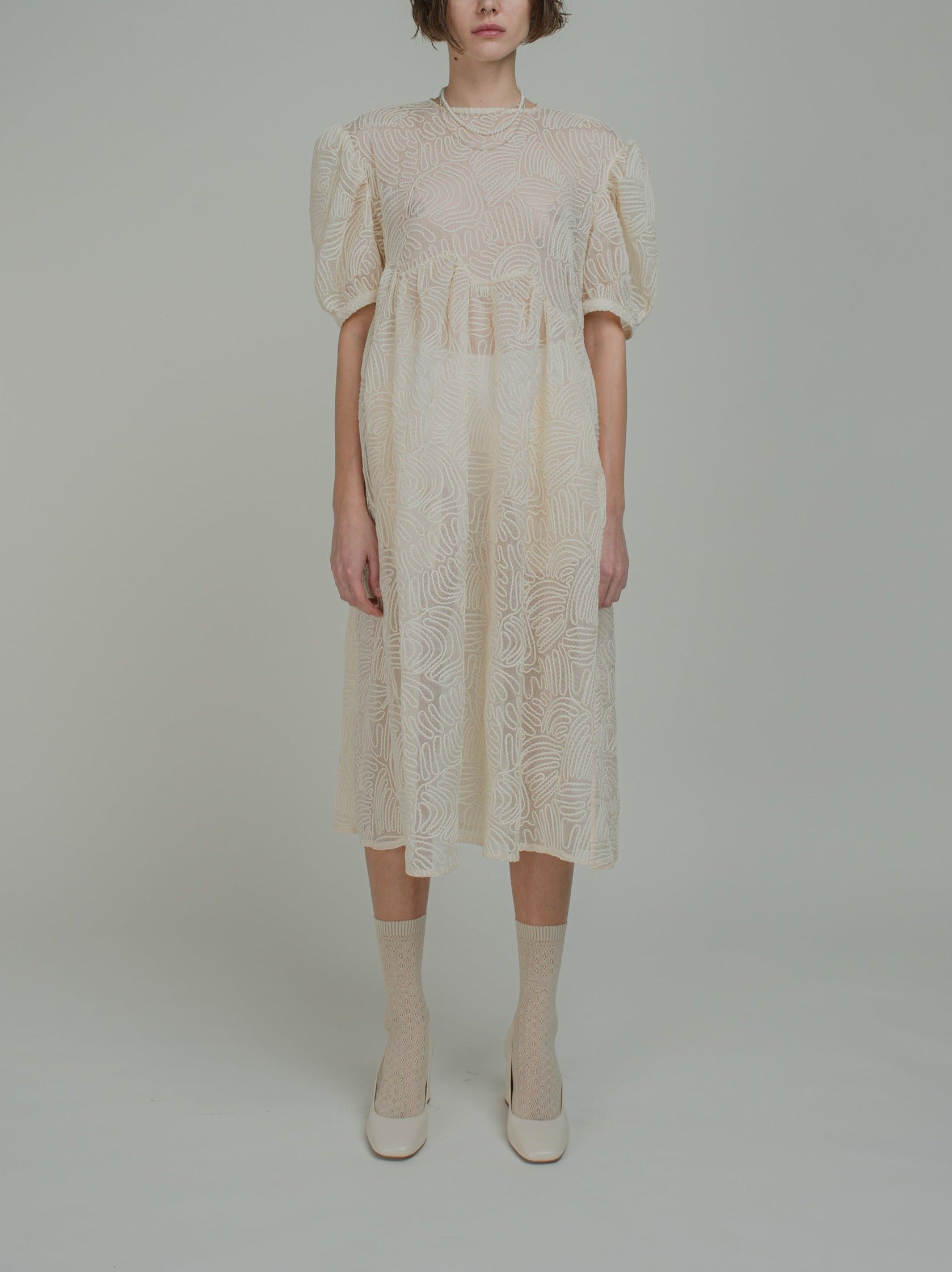 UNISECON SS21 White Embroidered Puff Sleeve Dress